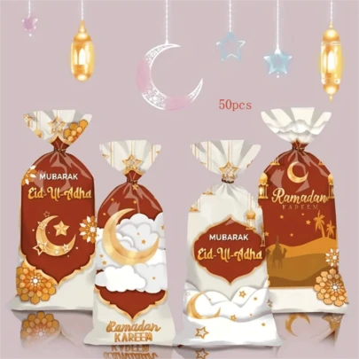 50pcs Fashion New Middle Eastern Festival Candy Bags, Crescent Moon Castle Party Favor Bags