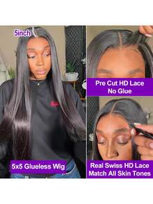Put And Go 5x5 Straight Lace Closure Wigs Human Hair 200% Density Hd Transparent 34 Inch Straight Frontal Glueless Wig For Women Glueless Straight Wigs Pre Plucked With Baby Hair Bone Straight Black Wig Brazilian Hair - Tự nhiên & Đen - Xem 3