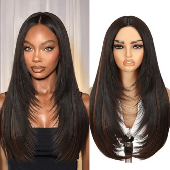 长款层次直发Yaki假发，中分无刘海，无需胶水，预先剪裁，即戴即走，高密度耐热纤维，无蕾丝，适合女性日常或派对佩戴，26英寸长（棕色挑染）