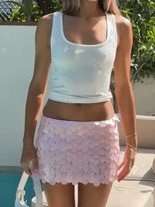 Women Sequin Mini Skirt Mermaid Sparkle Dance Costume Short Bodycon Skirts Glitter Party Night Out Clubwear - 粉色 - 查看 4