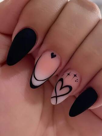 24 Pieces Of Short Almond Fake Nails Valentine's Day Black French Love Scrub Stars Cute Bow Chrome Alloy Acrylic Pressure On The Nail Nail Set (With: A Piece Of Jelly Gel And File) Suitable For Women's Daily Dating Party