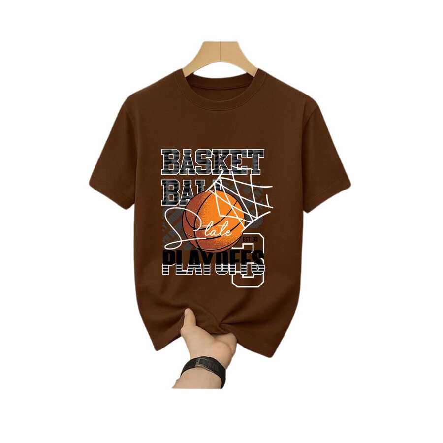 Unisex "Playoffs" T-Shirt – Street Sport Style With Basketball Print And Premium Fabric - 鏽棕色 - 查看 1