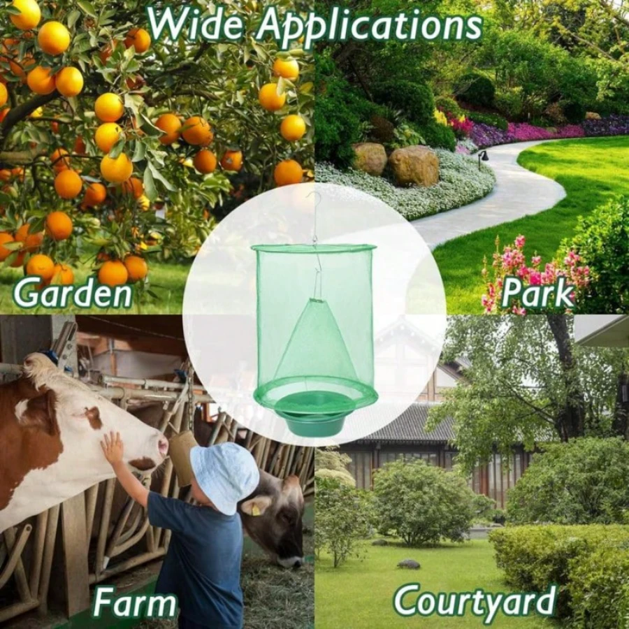 Trampa de moscas reutilizable Dazone Ranch con jaula colgante y macetas de plástico para matar y controlar moscas en interiores y exteriores, granjas familiares, parques y restaurantes - Verde - Ver 1