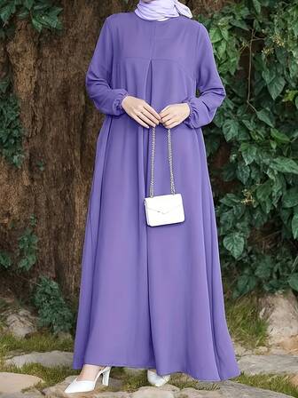 纯色简约端庄连衣裙，优雅长袖连衣裙，适合春秋季穿着，女装