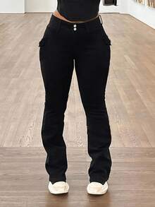 Womens Jeans, Y2K Style Women's Wear, High Street Straight-Leg Jeans Women's Fashionable Slim Fit Elegant Flared Jeans, Flared Pants, Flared Winter Pants, Suitable For All Seasons,  Minimalist Women's Clothing, Pantalon Jean Mujer, Jeans>Pants, Suitable For All Seasons, With Multiple Pocket Designs, Valentine's Day, Clothes Valentine Outfits For Women, Religion>Clothes, Suitable For Going Out, Cocktail Party, Party, Christmas, Nightclub, Banquet, Film Festival, Cinema, Ball, Cocktail Party, Bar, Wedding, Graduation Ceremony, Homecoming, Birthday Party, Rebellious Girl, Holiday Theme Party Going Out, Streetwear, Fashion Show, Date, Valentine 's Day, Going Out To Work University, School Village, Concert, Street Girl, Girl, Country Outfits Women, The Best Women Out, Ladies' Vacation Clothing, Country Concert Country Concert Outfit,New Years Outfit Women - 黑色 - 查看 4