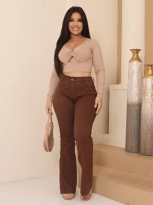 Faraya Jeans Women's Flare Jeans Available In Beige/Khaki/Brown/Black/White/Green, Super Comfortable, High-Waisted With Lycra. - 咖啡棕 - 查看 3