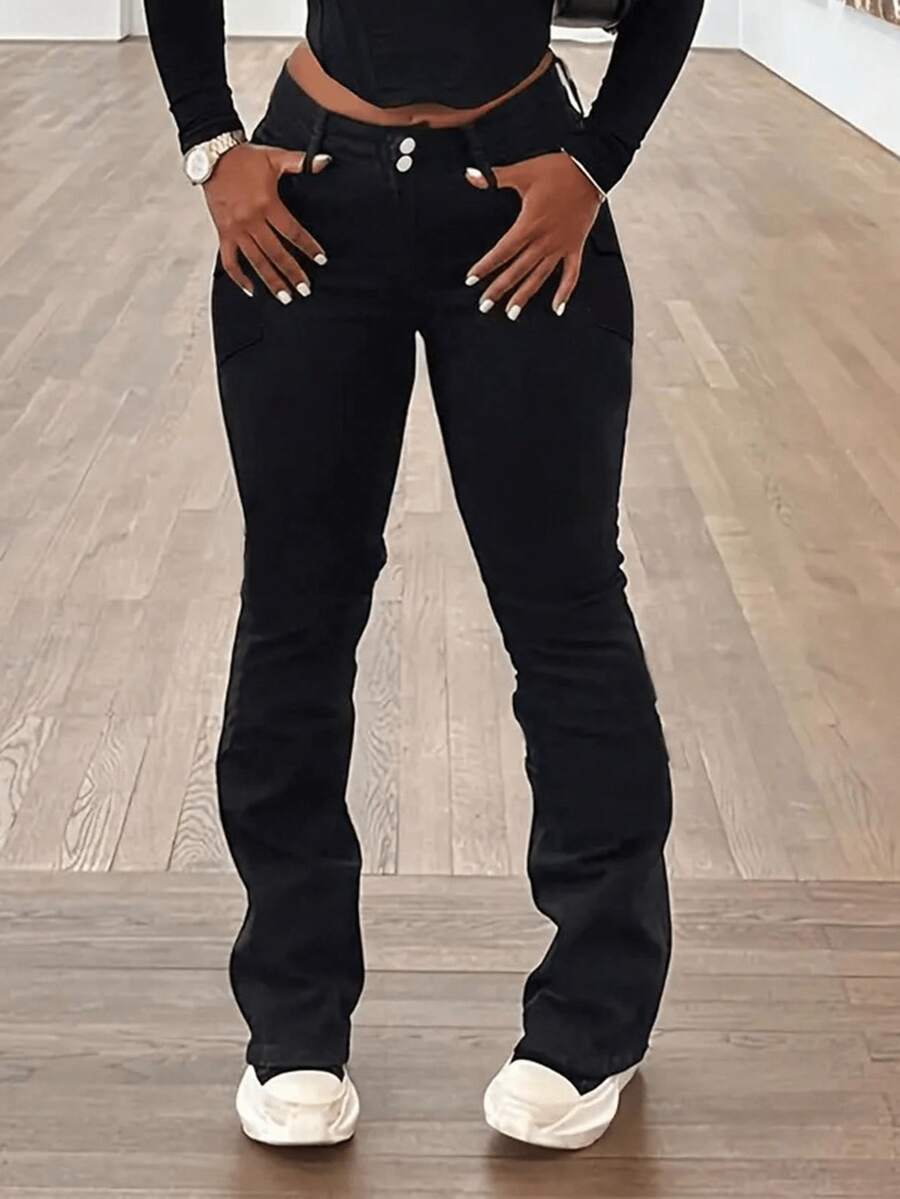 Womens Jeans, Y2K Style Women's Wear, High Street Straight-Leg Jeans Women's Fashionable Slim Fit Elegant Flared Jeans, Flared Pants, Flared Winter Pants, Suitable For All Seasons,  Minimalist Women's Clothing, Pantalon Jean Mujer, Jeans>Pants, Suitable For All Seasons, With Multiple Pocket Designs, Valentine's Day, Clothes Valentine Outfits For Women, Religion>Clothes, Suitable For Going Out, Cocktail Party, Party, Christmas, Nightclub, Banquet, Film Festival, Cinema, Ball, Cocktail Party, Bar, Wedding, Graduation Ceremony, Homecoming, Birthday Party, Rebellious Girl, Holiday Theme Party Going Out, Streetwear, Fashion Show, Date, Valentine 's Day, Going Out To Work University, School Village, Concert, Street Girl, Girl, Country Outfits Women, The Best Women Out, Ladies' Vacation Clothing, Country Concert Country Concert Outfit,New Years Outfit Women - 黑色 - 查看 1