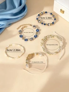 5pcs/Set Elegant Floral Porcelain Faux Pearl Glass Beaded Handmade Adjustable Bracelet Set, Suitable For Daily, Casual Wear, Holiday Gift - Blue - View 6
