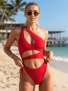 Bộ đồ bơi một vai cắt xẻ màu trơn, trang phục đi biển gợi cảm cho phụ nữ mùa hè - Đỏ - Xem 7