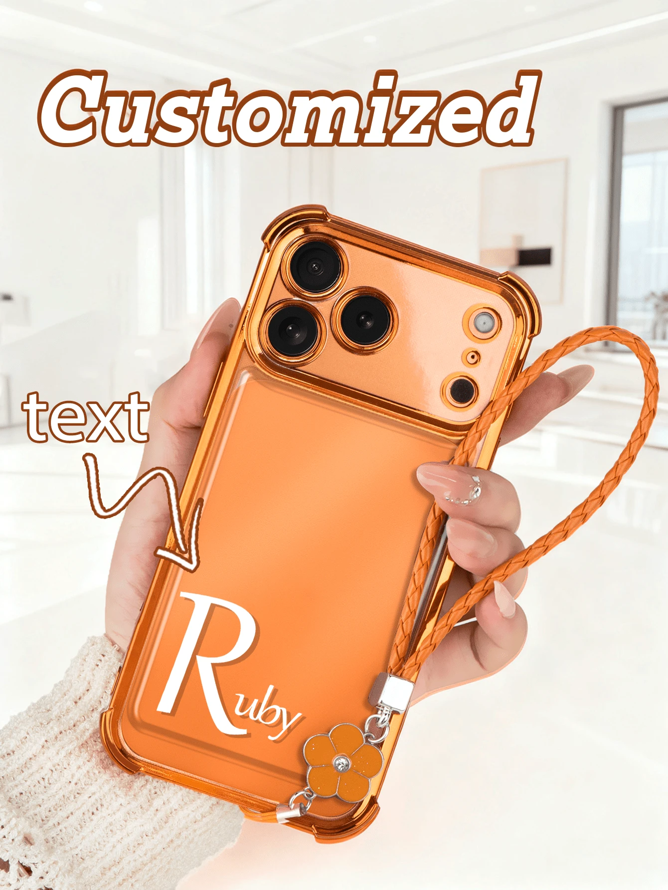 1 pezzo Custodia personalizzata per telefono con lente arancione trasparente anti-caduta e copertura completa, con cordino, compatibile con 17/Air/17 Pro/17 Pro Max/16/16 Pro/16 Plus/16 Pro Max/15/14/13/12/11 e altri modelli, adatta come regalo - Arancione - Visualizzare 1