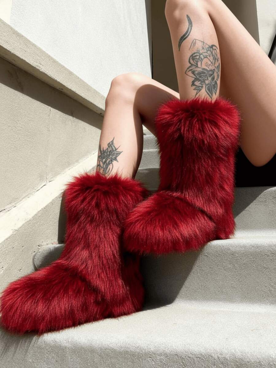 Women's Winter Furry Snow Boots Fuzzy Fluffy Round Toe Suede Booties Flat Heel Slip On Outdoor Indoor Shoes Fashion Warm Fluffy Shoes - 紅色 - 查看 1