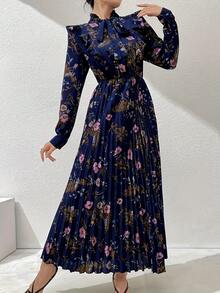 花卉印花系带长裙，领口饰有荷叶边，优雅长袖褶裥A字摆长裙，女装春季款 - 藍色 - 查看 3