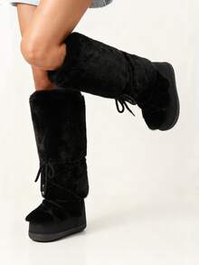 Women's Faux Fur Knee High Boots  Fuzzy Fluffy Furry Snow Boots Round Toe With Lace-Up Design Cute Warm Suitable For Christmas Halloween And Winter - 黑1 - 查看 5