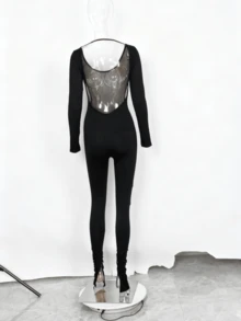 Summer Solid Color Sexy Jumpsuit, Deep V-Neck Backless Long Sleeve Jumpsuit, Suitable For Nightclub Wear - Black - View 2
