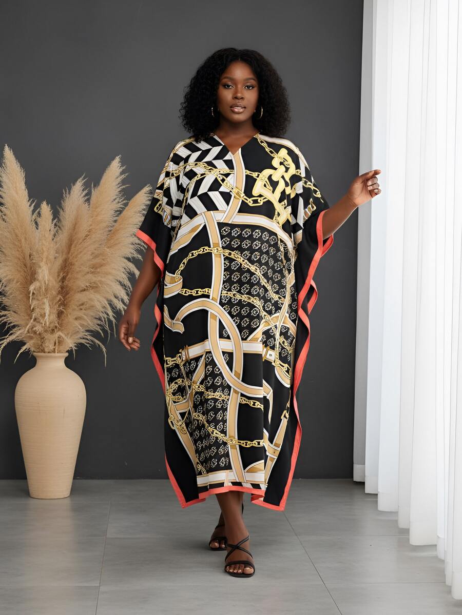 Gypsie Blu Plus Size Women Kaftan Dress Long Caftan Maxi Dress Beach Coverup Outfit - 黑黃 - 查看 1