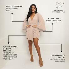 Vestido Curto Feminino Manga Longa Flare Decote V Soltinho Casual Elegante Verão Moda Gringa