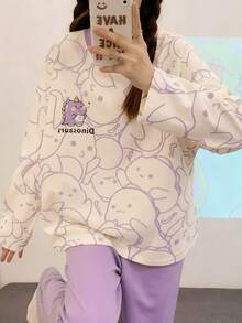 AICJ 两件套女士休闲恐龙印花长袖上衣和裤子睡衣套装，适合春、夏、秋季穿着。 - 淡紫色 - 查看 3