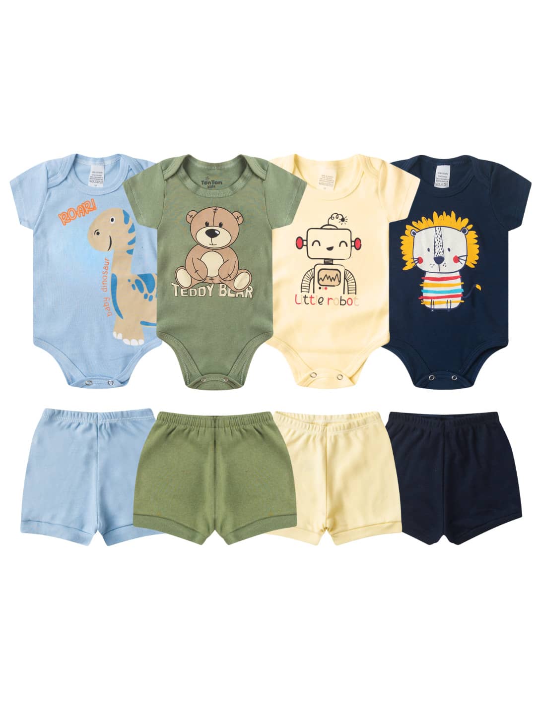Kit 8 Peças Body Bebê Manga Curta e Shorts Sortidos 100% algodao - 4 Conjuntos - Azul Royal - Visão 1