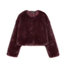 Seelio Autumn/Winter New Women's French Fashion Minimalist Versatile Round Neck Long Sleeve Faux Fur Effect Short Jacket Coat - Burgundy - View 1