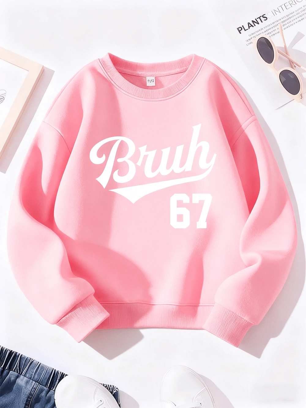 Pink 67 Number 67 Print Sweatshirt - Oversized Casual Round Neck Sweater With 'Bruh 67' White Cursive Lettering & Number 67 Design, Warm Winter Fall Clothing For, Casual Attire & 67-Themed Outfits - 粉色 - 查看 1