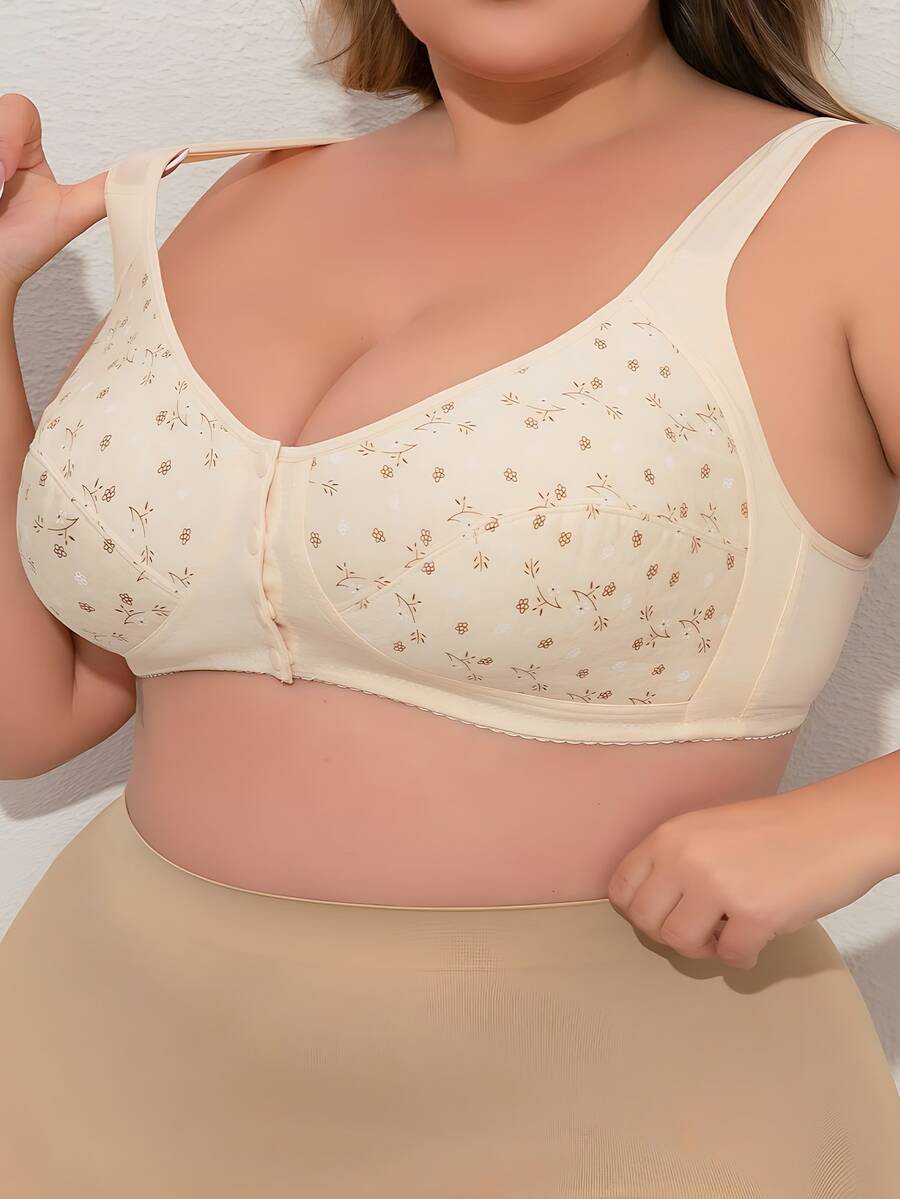 Large Size Women's Printed Front Buckle Underwear Women's Soft Undershirt Models Large Size Bra Middle-Aged And Elderly Women Without Steel Ring Underwear - Rượu sâm banh - Xem 1