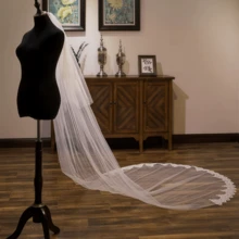 1pc 3.6m Bride Wedding Veil, Romantic Lace Trim Long Bridal Veil With Sequins, Suitable For Wedding, Travel, Photography - Beige - View 1