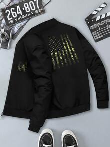 Men's "Camouflage American Flag" Military Style Graphic Bomber Jacket, Urban Fashion Style, Ideal For Military Enthusiasts & Casual Wear - 黑色 - 查看 7