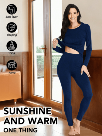 Conjunto de lencería térmica de terciopelo azul marino de cuello redondo para mujer, conjunto de pijama de invierno para clima frío, deportes al aire libre, protección contra el frío, Bottom cálida, comodidad en el hogar, pijama de tela elástica, regalo de otoño e invierno
