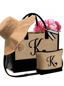 Set de 3 piezas: Bolso de playa con asa de hombro, sombrero de playa y bolsa de cosméticos, personalizable con inicial A-Z, de gran capacidad. Ideal para amantes de la moda que les gustan los artículos personalizados, perfecto para compras, vacaciones en la playa, salidas casuales, agregando un toque de estilo personalizado a tus accesorios. Este bolso de playa también se puede usar como bolsa de lavandería, monedero o estuche de lápices, y es una excelente opción de regalo para días festivos. - Multicolor - Ver 17