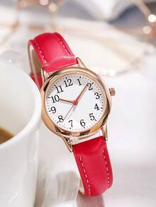 1 件简约时尚合金石英腕表，配真皮表带，女士款 - 紅色 - 查看 3