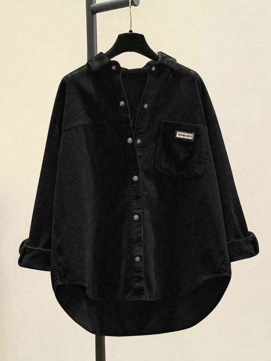 Women's Front Button Shirt Jacket - Black - View 1