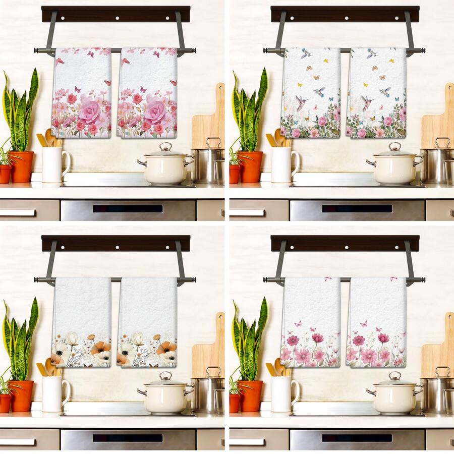 2/4 Pcs Floral Print Dish Towels, Super Absorbent Microfiber Modern Dish Cloths, Cooking And Baking Tea Towels, Cleaning Rags, Hand Towels, Highly Soft And Absorbent, Kitchen Decor, Gifts For Neighbors, Mothers, Birthdays, Housewarming For Friends, Kitchen Essentials, Daily Necessities - Multicolor - View 1