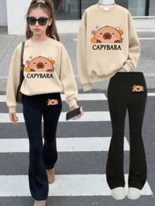 Girly Animal Print Apricot Sweatshirt And Black Flared Trousers Set, A Cute And Fashionable Set Suitable For Casual Travel, Travel, Campus, And Parties - Multicolor - View 10