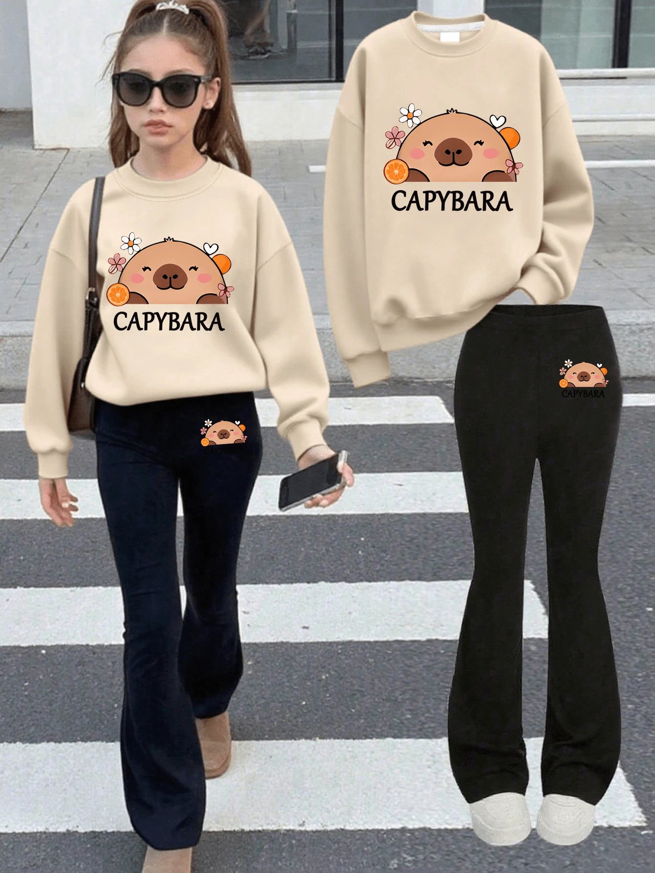 Girly Animal Print Apricot Sweatshirt And Black Flared Trousers Set, A Cute And Fashionable Set Suitable For Casual Travel, Travel, Campus, And Parties - Multicolor - View 1
