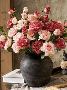 French-Style Artificial Rose, Home Decor Accessories, Single Stem With Three Heads And Burnt Edges, Vintage Style, Featuring A Sophisticated Look With Artificial Flowers And Dried Flowers, Ideal For Home, Wedding, And Event Decorations, Decorations For Valentine's Day