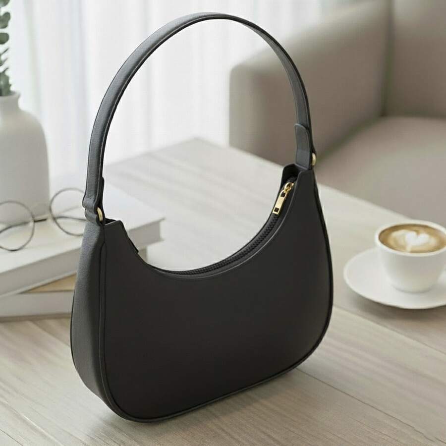 Mini Croissant Baguette Bag In Faux Leather With Crossbody/Shoulder Strap - Modern And Elegant, Foreign Style - 黑色 - 查看 1