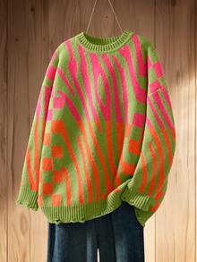 Suéter de cuello redondo con bloques de color, de talla grande, para otoño/invierno, de moda para vacaciones - verde - Ver 2