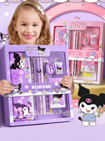  Authorized By Sanrio Hello Kitty And Kuromi Cartoon Character Style Stationery Gift Box Set, Including Pencil, Notebook, Pencil Sharpener, Pencil Case, Ruler And Eraser,Crayon Authorized By Sanrio Hello Kitty And Kuromi Cartoon Character Style Stationery Gift Box Set