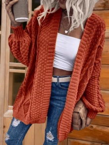 Womens Oversized Open Front Cable Knit Lantern Long Sleeve Chunky Cardigan Sweaters Cozy Fall And Winter Outwear Coats For Everyday Wear Christmas Work & Office Chic - Màu Cam san hô - Xem 5