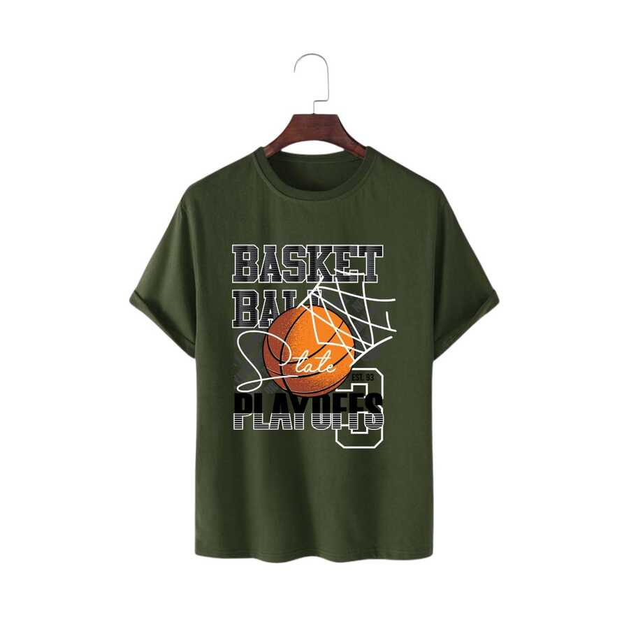 Unisex "Playoffs" T-Shirt – Street Sport Style With Basketball Print And Premium Fabric - 軍綠色 - 查看 1