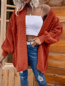 Womens Oversized Open Front Cable Knit Lantern Long Sleeve Chunky Cardigan Sweaters Cozy Fall And Winter Outwear Coats For Everyday Wear Christmas Work & Office Chic - Màu Cam san hô - Xem 4
