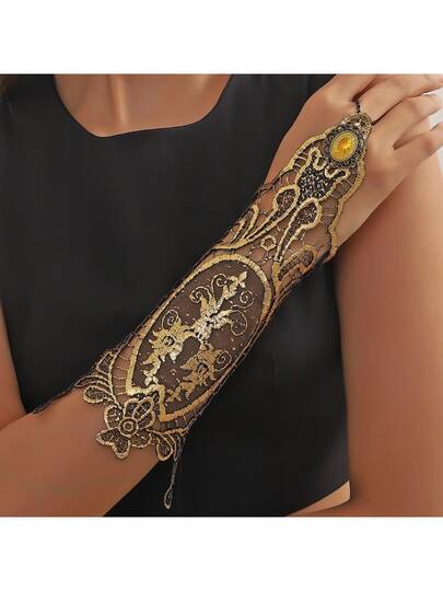 1pc Vintage Gold Lace Trim Gloves, Women Dress Accessory Matching Bracelet