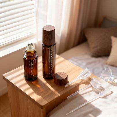 2pcs Wood Grain Covered Brown Tinted Essential Oil Roller Bottles With 4pcs Refilling Accessories, Convenient For Carrying And Refilling, Suitable For Travel