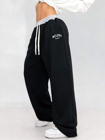 Letter Print Wide Leg Pants, High Waist Contrast Color Design, Women's Casual Loose Sports Pants, Street Style Skinny Pants