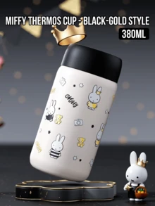 Miffy Thermos Cup Black-Gold Edition – 380ML Premium Stainless Steel Vacuum Insulated Flask, 316L Grade Double-Wall Design With 12-Hour Heat & 24-Hour Cold Retention, Leak-Proof One-Push Button Lid And Portable Carry Handle, Elegant Black-Gold Kawaii Cartoon Style For Teen Girls & Women, Perfect For School, Office, Commute, Travel And A Stylish Gift For Miffy Fans