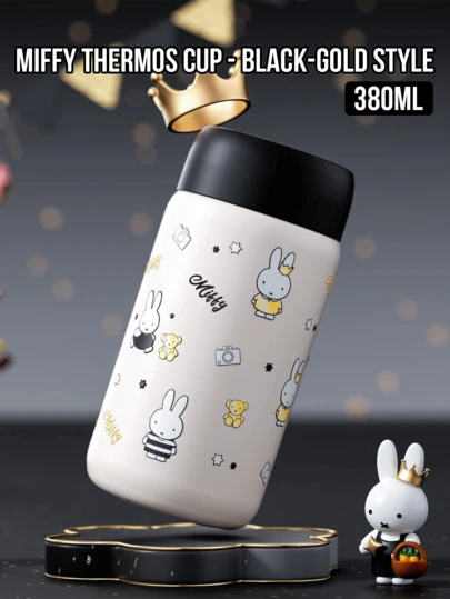 Miffy Thermos Cup Black-Gold Edition – 380ML Premium Stainless Steel Vacuum Insulated Flask, 316L Grade Double-Wall Design With 12-Hour Heat & 24-Hour Cold Retention, Leak-Proof One-Push Button Lid And Portable Carry Handle, Elegant Black-Gold Kawaii Cartoon Style For Teen Girls & Women, Perfect For School, Office, Commute, Travel And A Stylish Gift For Miffy Fans