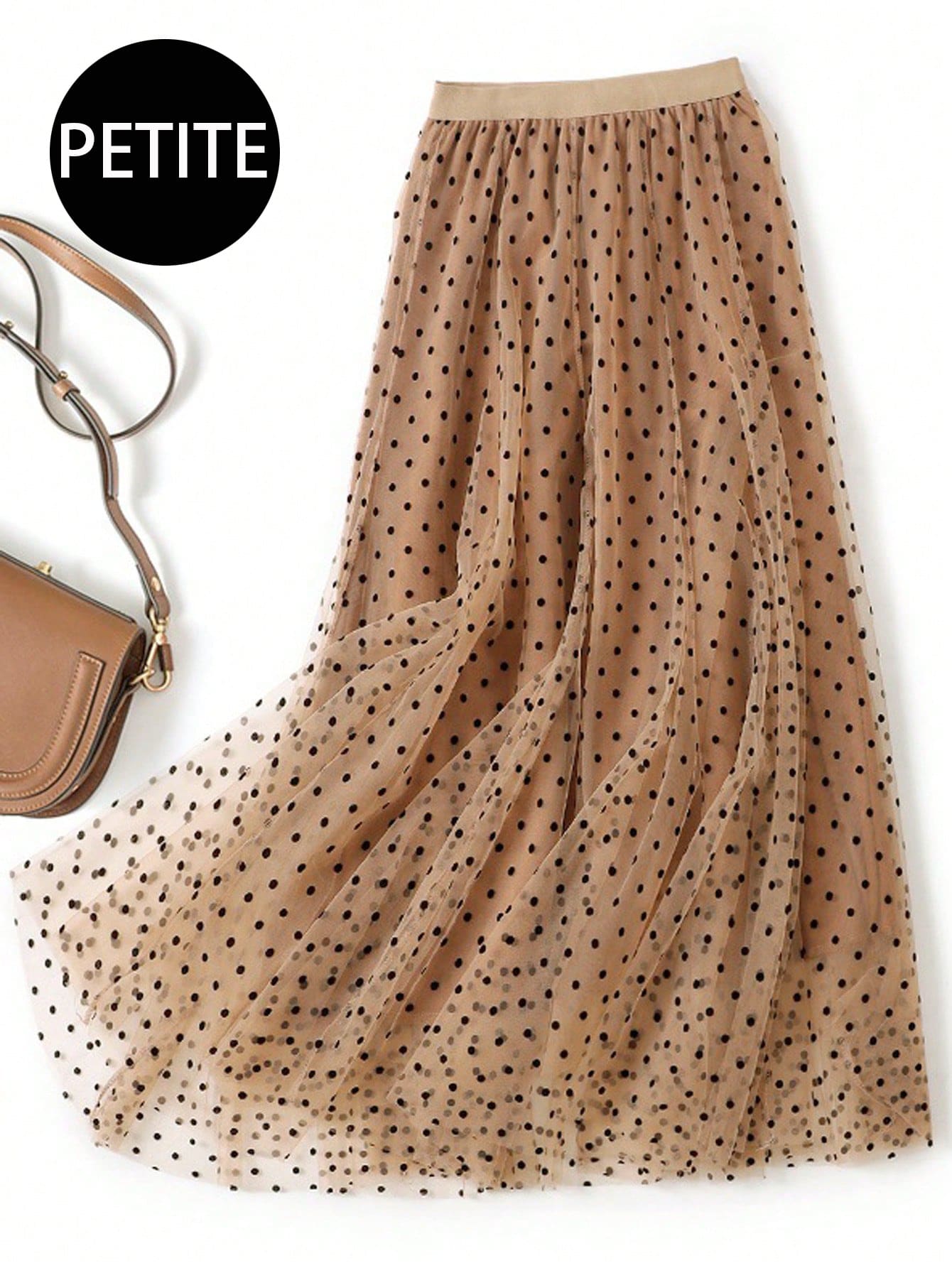 女士波点网纱拼接休闲百搭约会之夜迷你裙 - 卡其色 - 查看 1