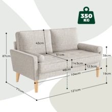 2-Sitzer Sofa mit Kissen und Armlehnen, Federkern-Sitzkissen, Moderne Couch für kleines Wohnzimmer, Apartment, Büro oder Schlafzimmer, Einfache Montage, 121x87x77 cm, Komprimierte Verpackung, Beige - Beige - Übersicht 7