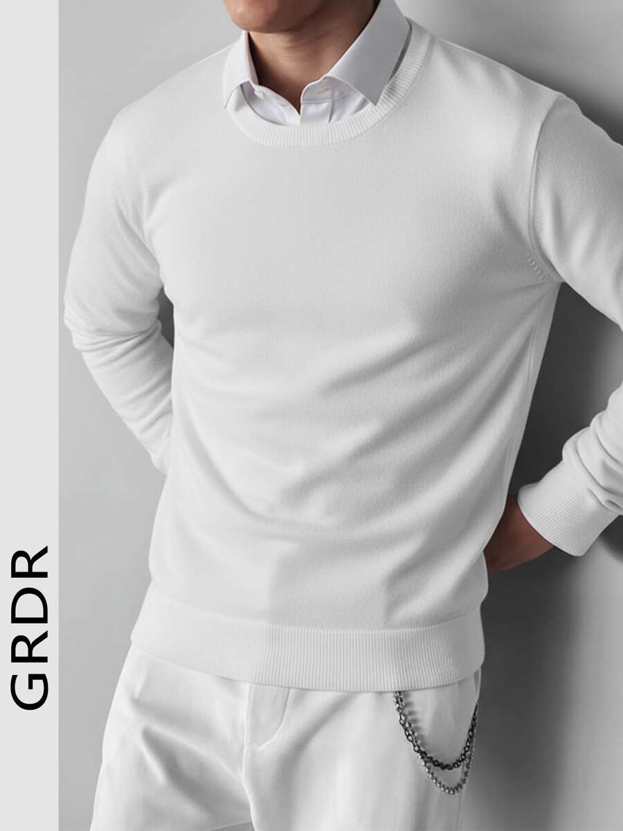 GRDR Men's Casual Solid Color Crew Neck Sweater - White - View 1