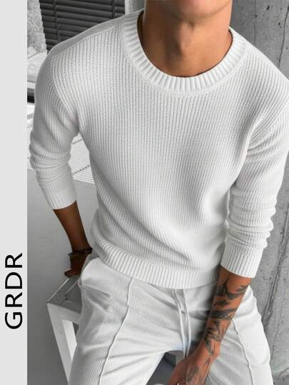 GRDR Men's Solid Color 7-Gauge Jacquard Knit Sweater, Basic Warm Thick Pullover For Autumn/Winter